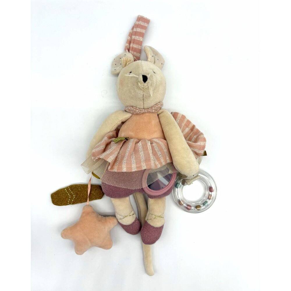 Moulin Roty Les Petits Canards Mouse Plush Baby Rattle Ring Toy Beige Pink